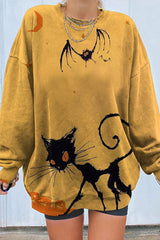 Cat Bat Halloween Print Crew Neck Sweatshirt