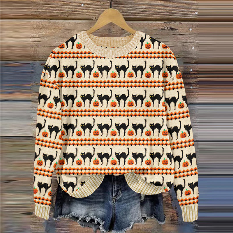 Halloween Pumpkin Cat Print Knitted Pullover Sweater