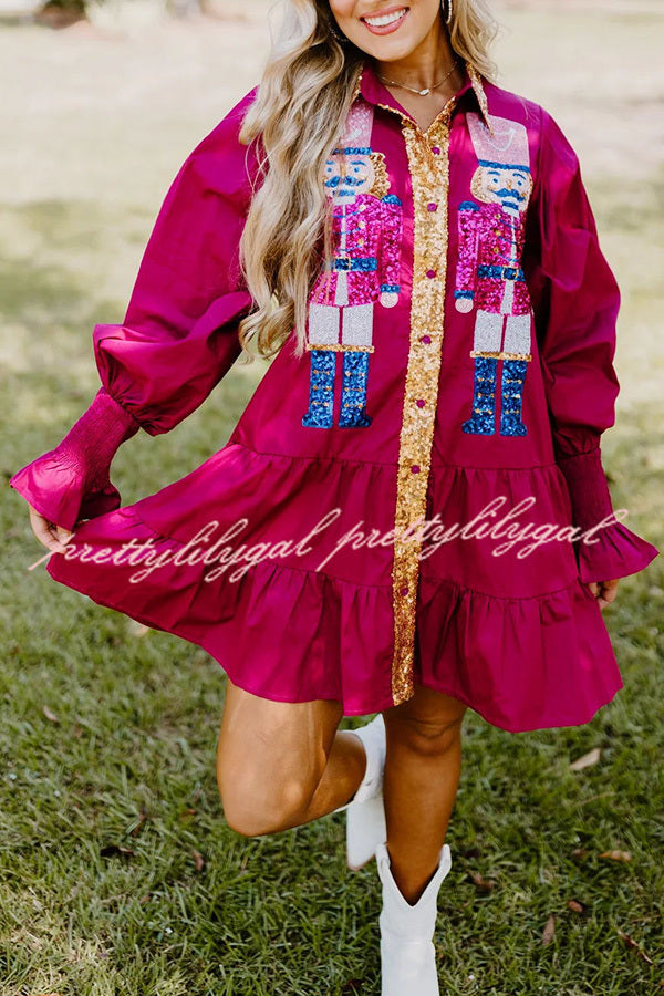 Nutcracker Sequined Button Down Long Sleeve Mini Dress