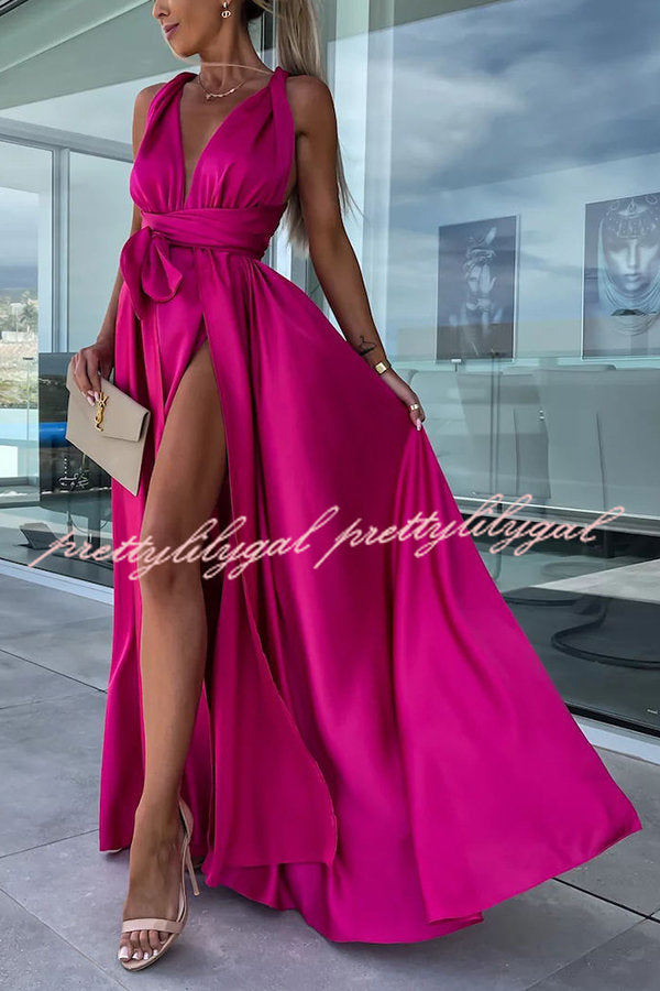Different Elegant Effects Satin Free Tie Neck Slit Maxi Dress