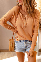 Women's Orange Waffle Knit Henley Top