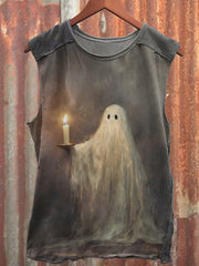 Men's Cute Small Scary Ghost Holding Candle Halloween Print Vest