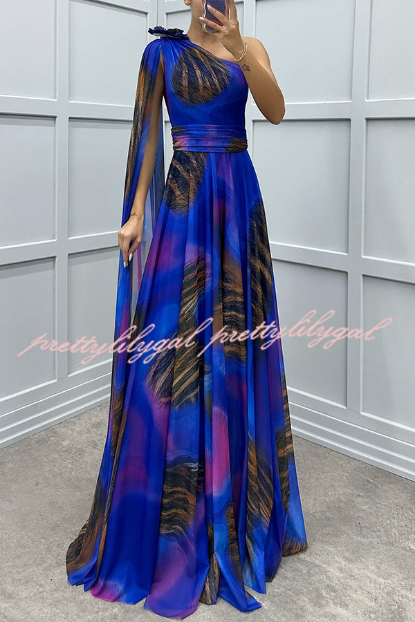 Lucia Unique Print Floral Detail One Shoulder Draped Sleeve Gown Maxi Dress