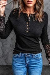 Women's Chic Black Crochet Lace Hem Sleeve Button Top
