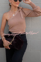 Cute and Unique Knit One Shoulder Tie-up Cutout Loose Sweater