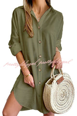 Solid Color Casual Button-Down Shirt Style Mini Dress