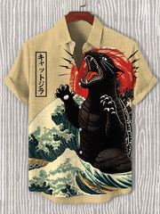 Men's Sea Wave Catzilla Cat Japanese Art Print Casual Shirt