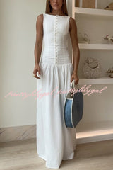 Unforgettable Evening Linen Blend Button Up Drop Waist Maxi Dress