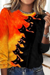 Halloween Cat Print Crew Neck Casual T-Shirt