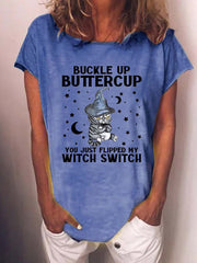 Halloween Cat Print Short Sleeve Casual T-Shirt