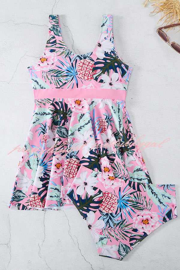 Cheerful Floral Print Bow Detail Tankini Swimsuit Set