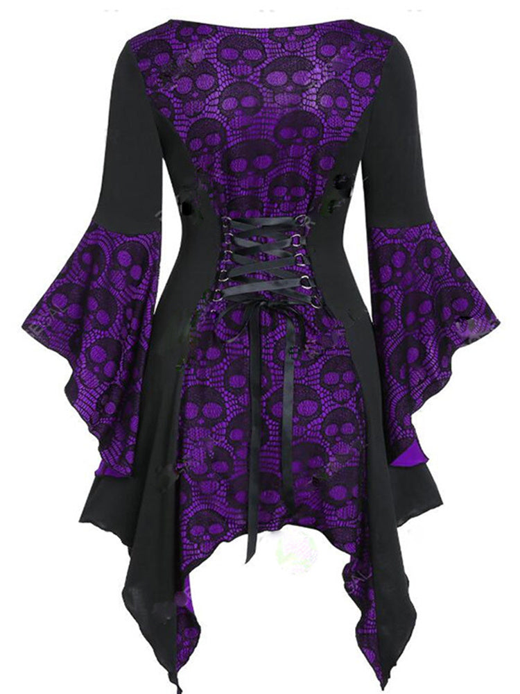 Halloween Gothic Skull Print Lace Stitching Dress