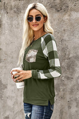 Women's Green Plaid Splicing Sequined Pocket Long Sleeve Top