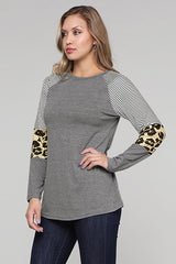 Women's Gray Striped and Leopard Color Block Long Sleeves Top
