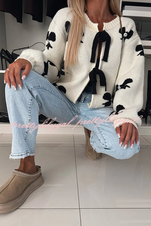Vernie Knit Jewelry Pendant Bow Pattern Front Tie-up Long Sleeve Loose Cardigan