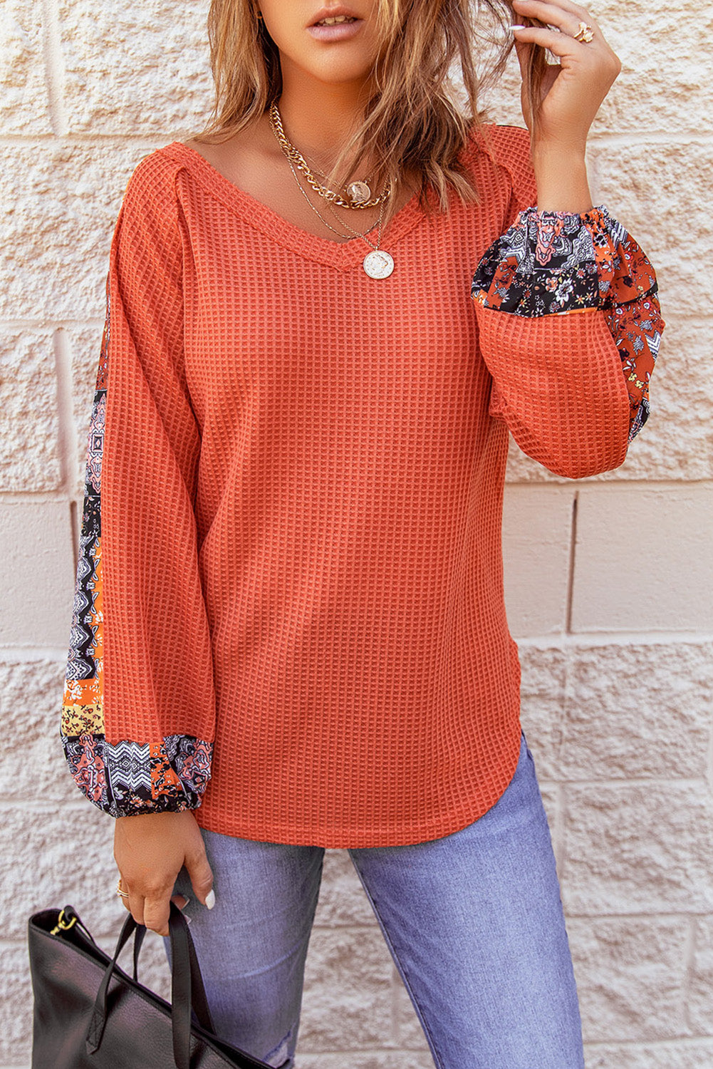 Women's Orange Long Sleeve Contrast Eyelet Thermal Knit Top