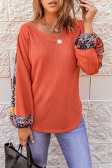 Women's Orange Long Sleeve Contrast Eyelet Thermal Knit Top