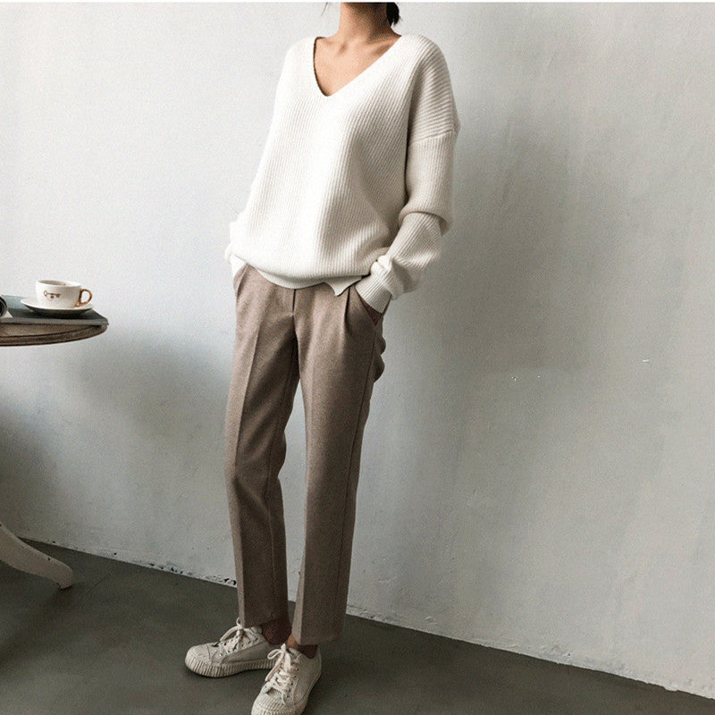 V-Neck Simple Irregular Pullover Sweater