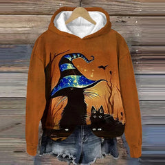 Funny Halloween Waiting For The Witch Black Cat Print Casual Hoodie