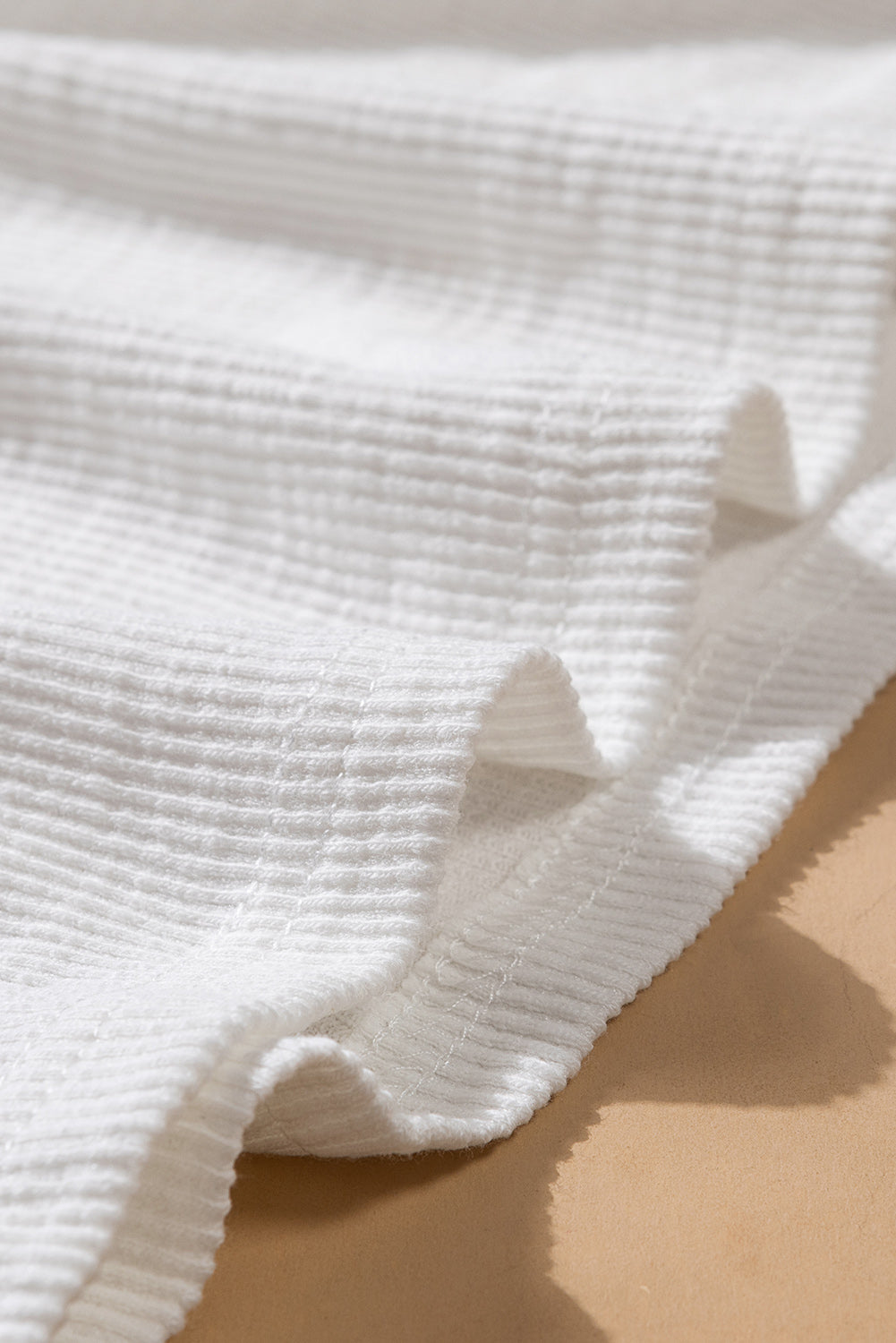 Women's Casual White Crewneck Buttons Ribbed Knit Long Sleeve Top