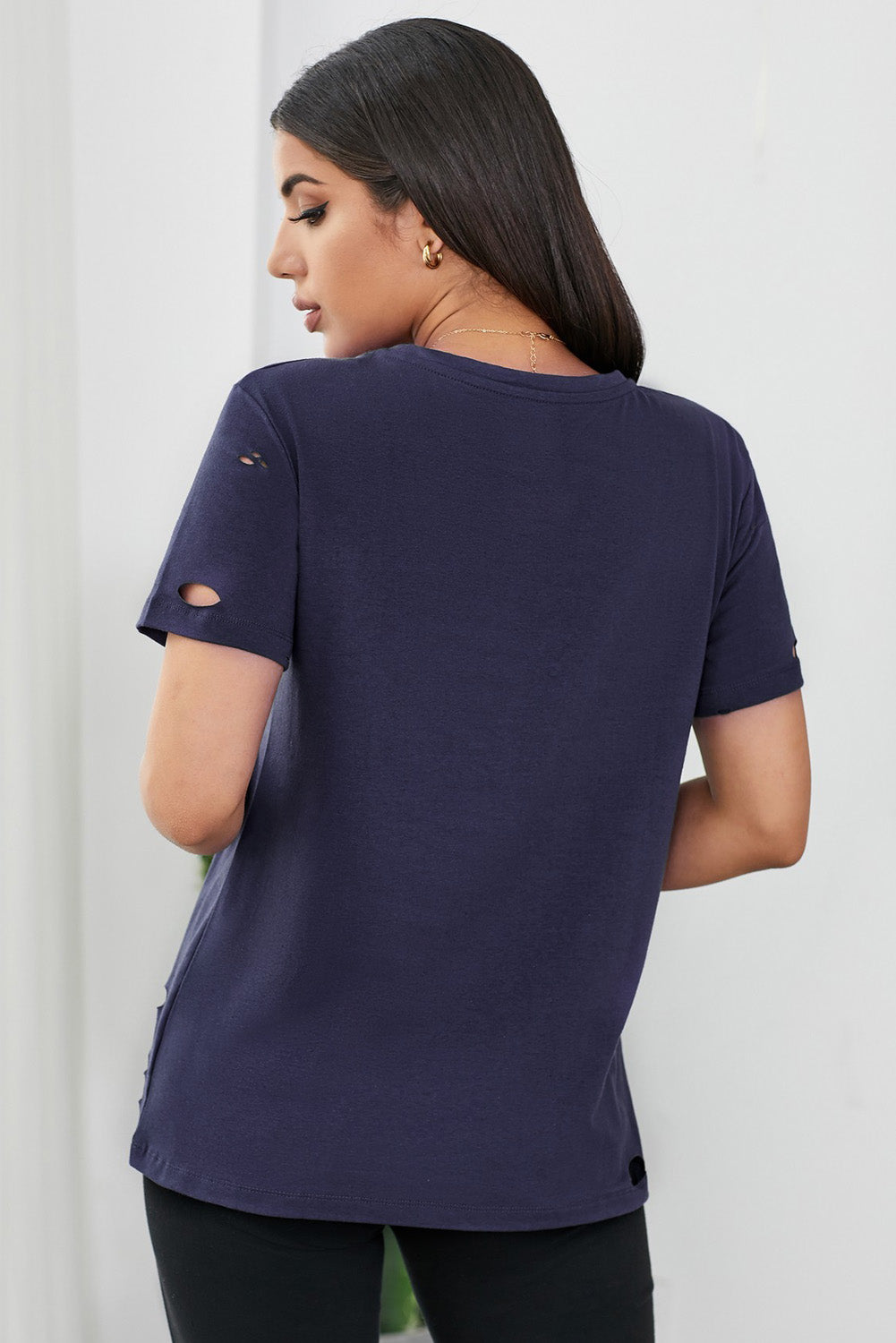 Women's Navy Leopard Lip Distressed Cotton Short Sleeve Tee