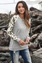 Women's Fashion Gray Round Neck Leopard Long Sleeve Top