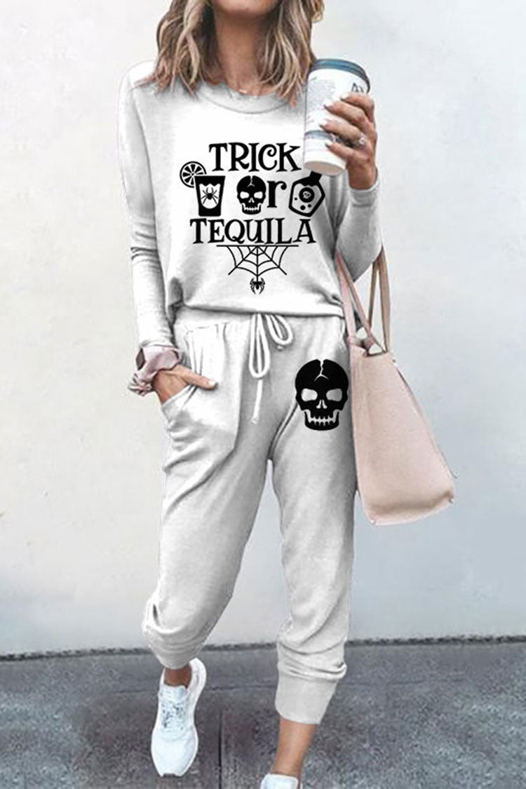 Trick Skull Print T-Shirt Two Piece Set