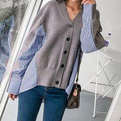 V-neck loose fake two-piece knitted cardigan