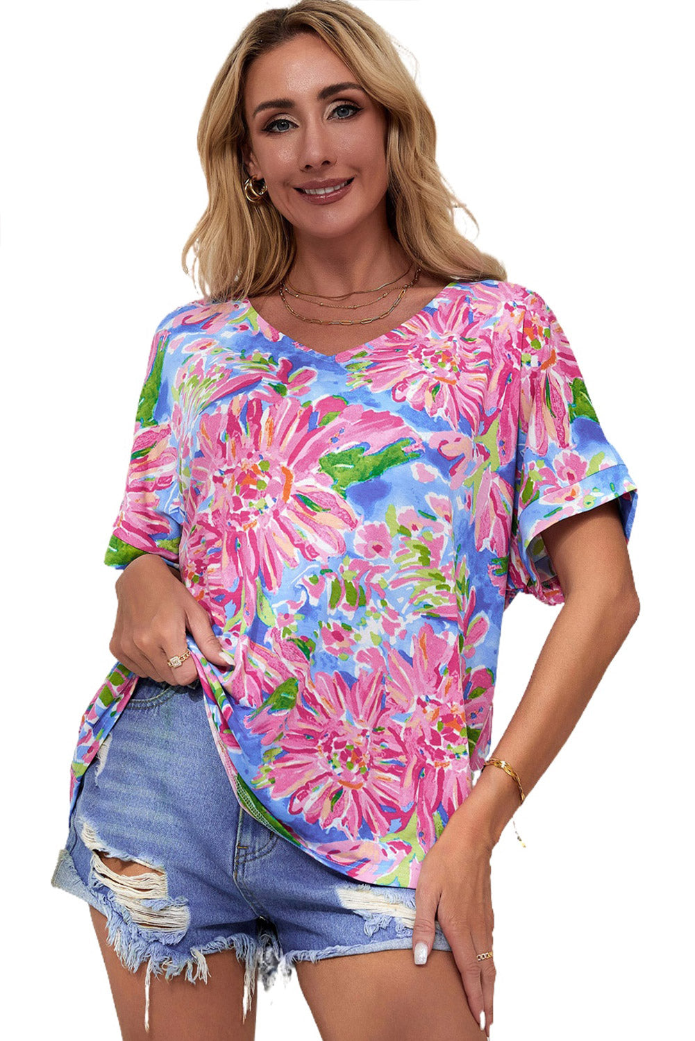 Women's Pink Floral Print V Neck T Shirt