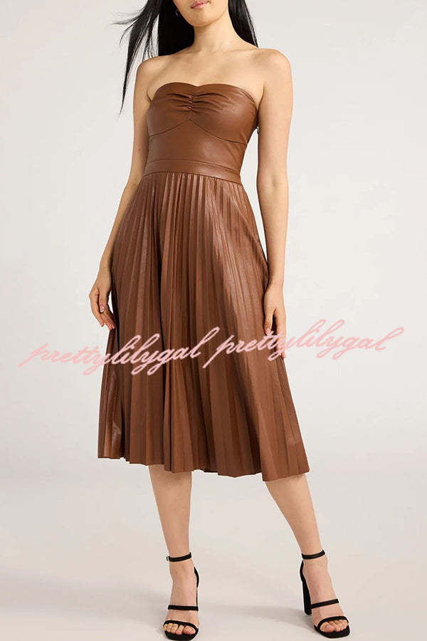 My Juliet Faux Leather Off Shoulder Strapless Pleated Stretch Midi Dress