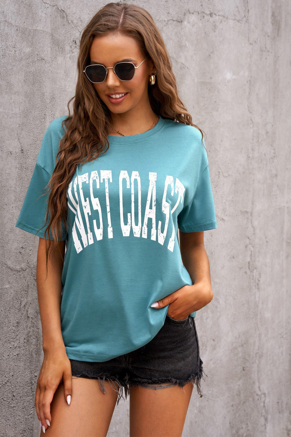 Women's Fashion Green WEST COAST Letters Graphic Oversize Tee