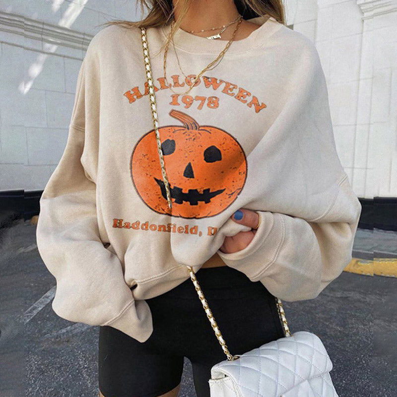 Halloween Pumpkin Print Crew Neck Sweatshirt