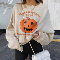 Halloween Pumpkin Print Crew Neck Sweatshirt