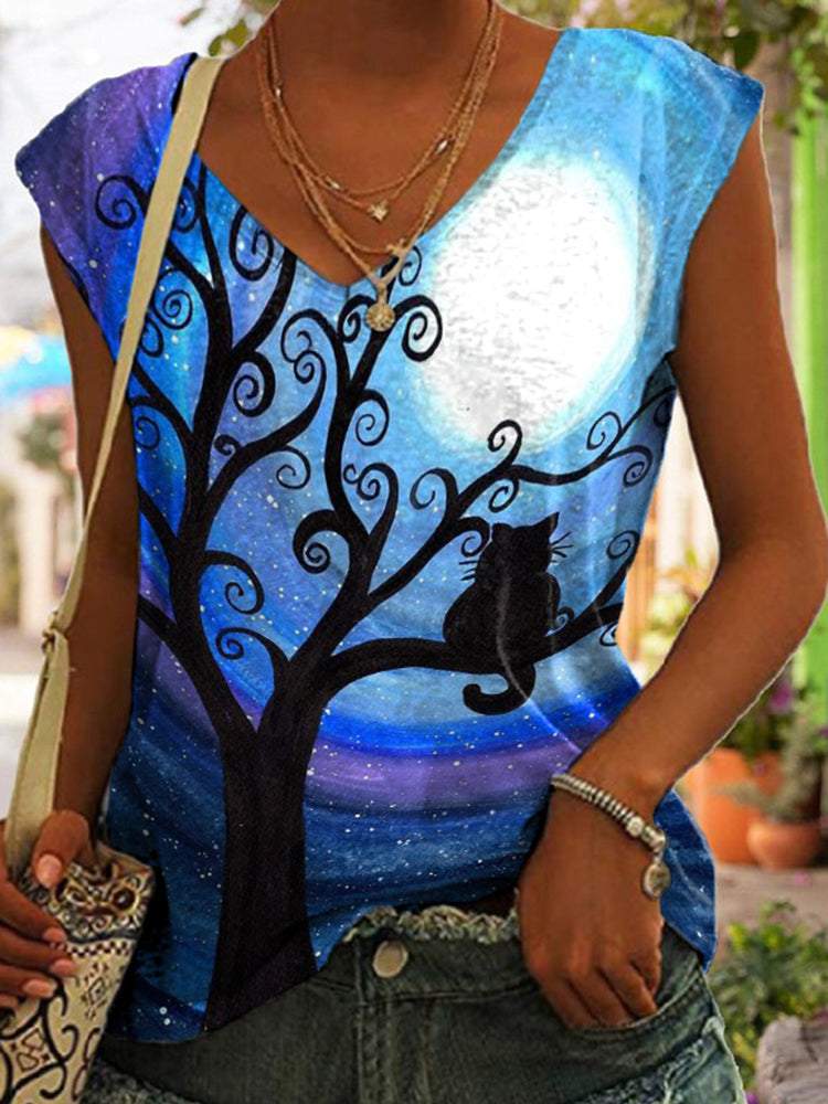 Casual Cat Print Sleeveless Tank Top