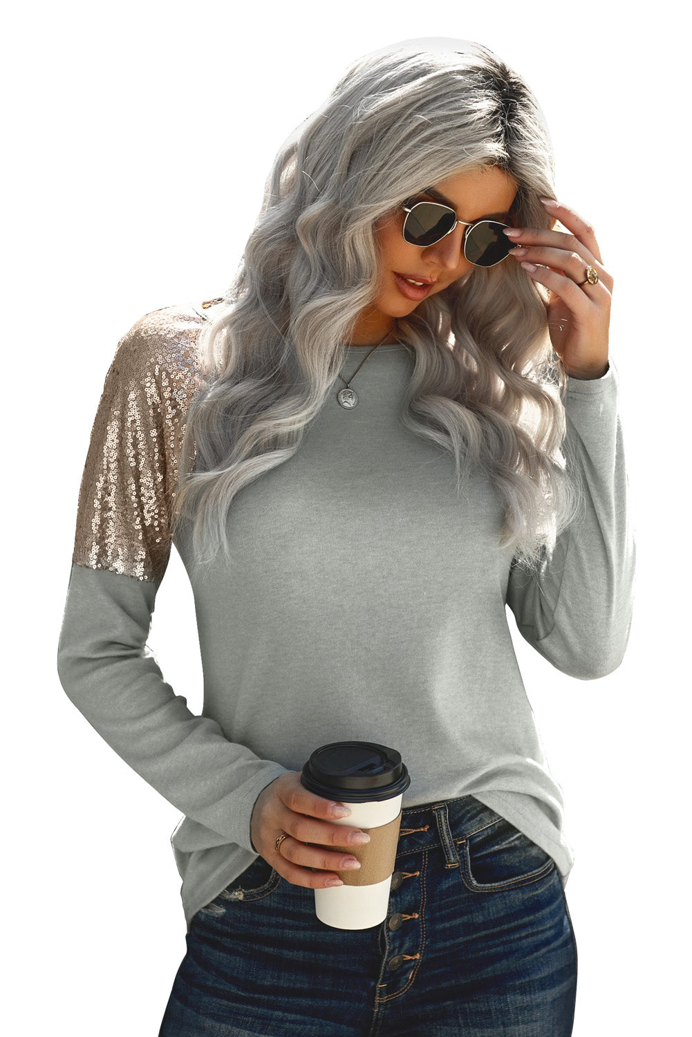 Women's Women Gray Sequin Shoulder Long Sleeve Top