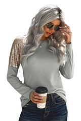 Women's Women Gray Sequin Shoulder Long Sleeve Top