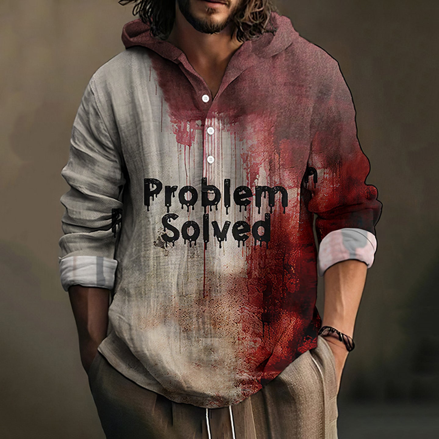 Vintage Bloody Problem Solved Halloween Art Linen Blend Hooded Shirt