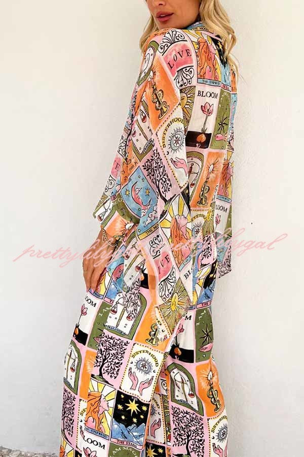 Whimsical Tarot Inspired Print Dolman Sleeve Flowy Shirt and Elastic Waist Wide Leg Pants Set