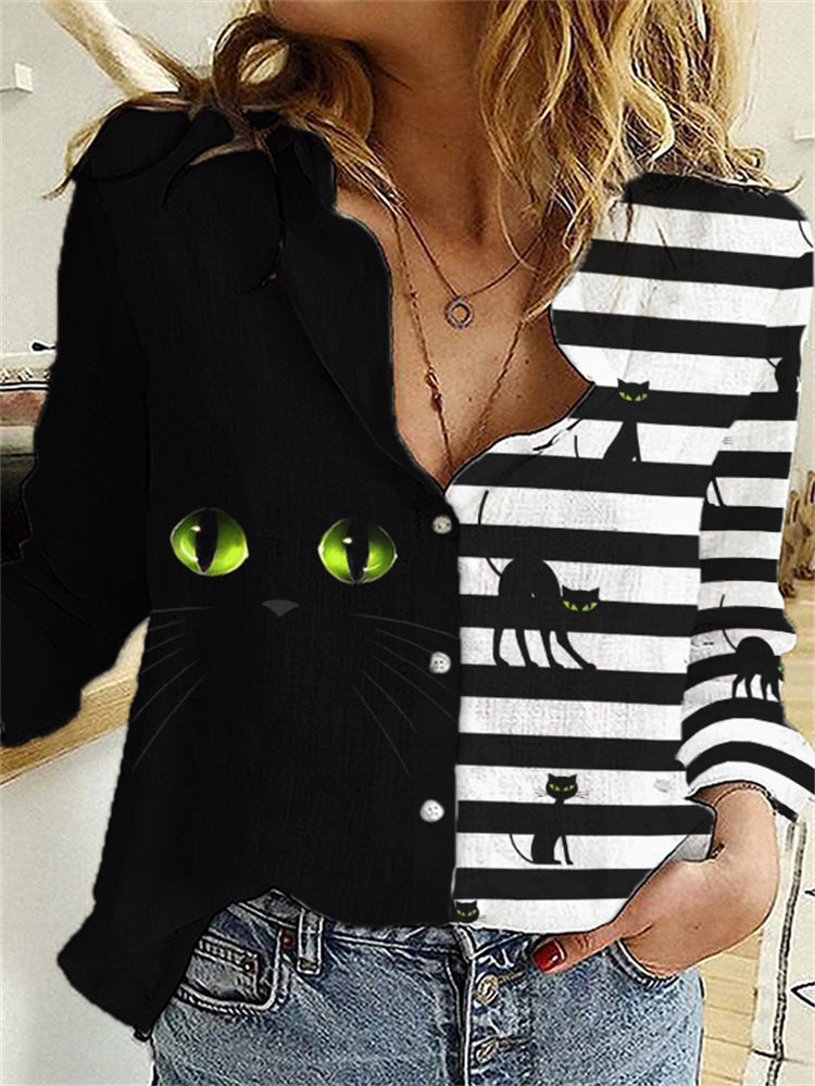 Halloween Black Cat Striped Patchwork Blouse