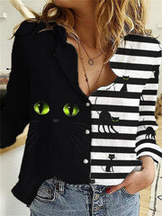Halloween Black Cat Striped Patchwork Blouse