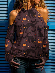 Halloween Cat Print Off-The-Shoulder T-Shirt