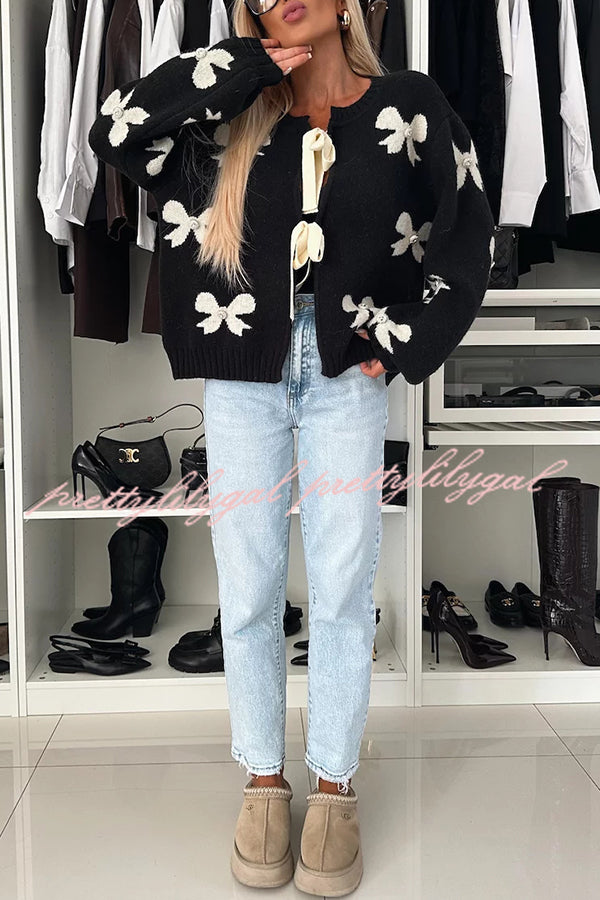 Vernie Knit Jewelry Pendant Bow Pattern Front Tie-up Long Sleeve Loose Cardigan