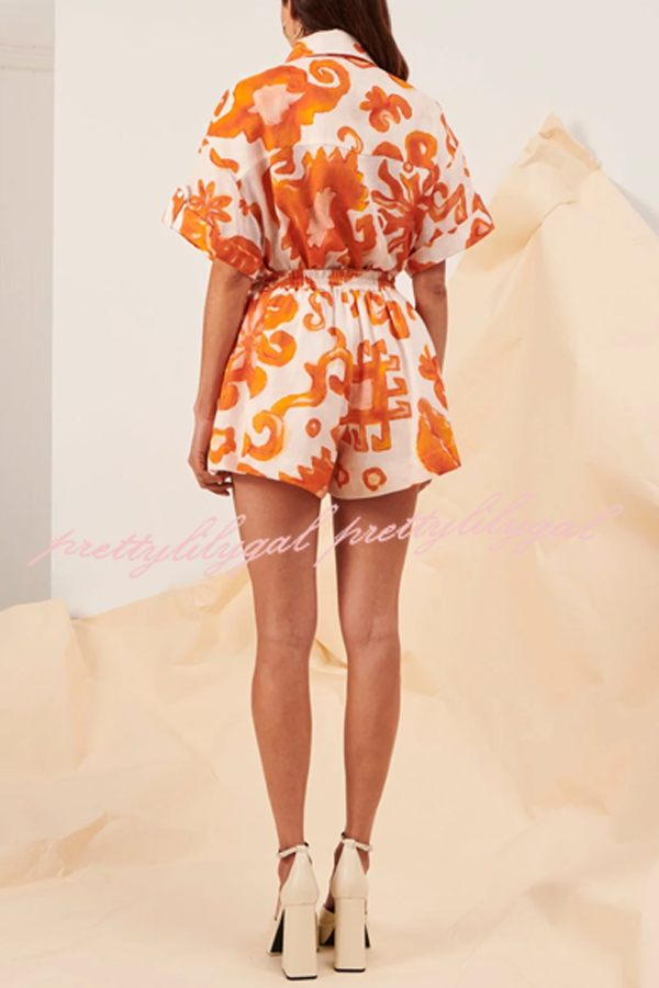 Dreamscape Linen Blend Abstract Conch Printed Button Shirt and Elastic Waist Pocketed Shorts Set