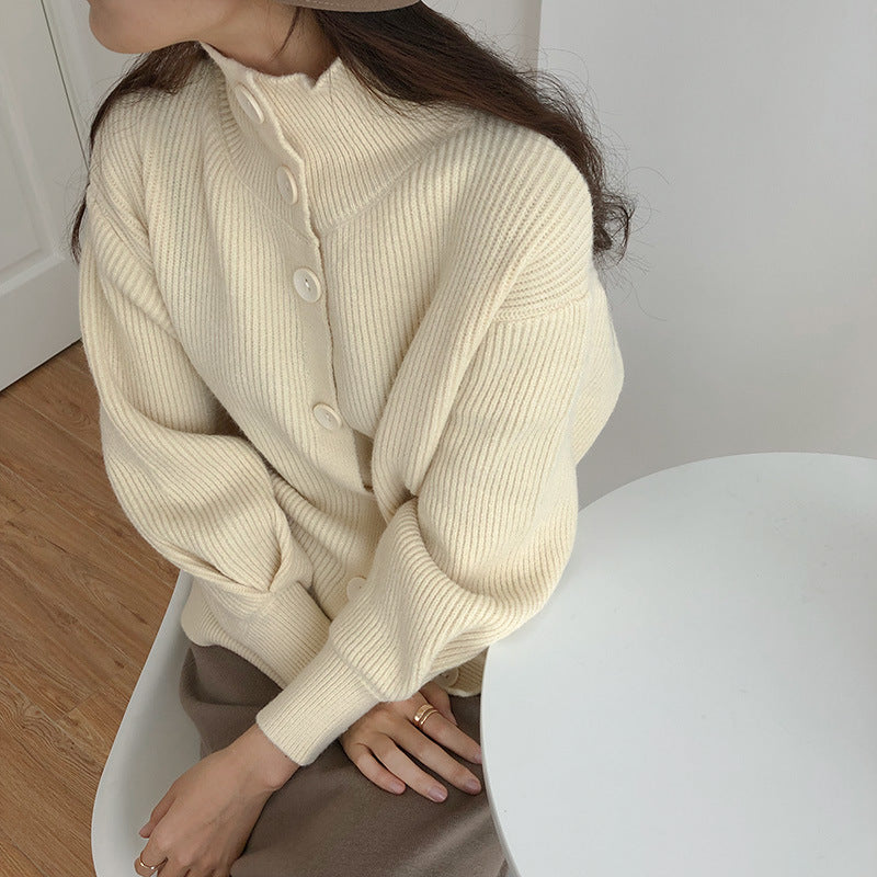 High-Necked Thick Loose Western-Style Knitted Cardigan