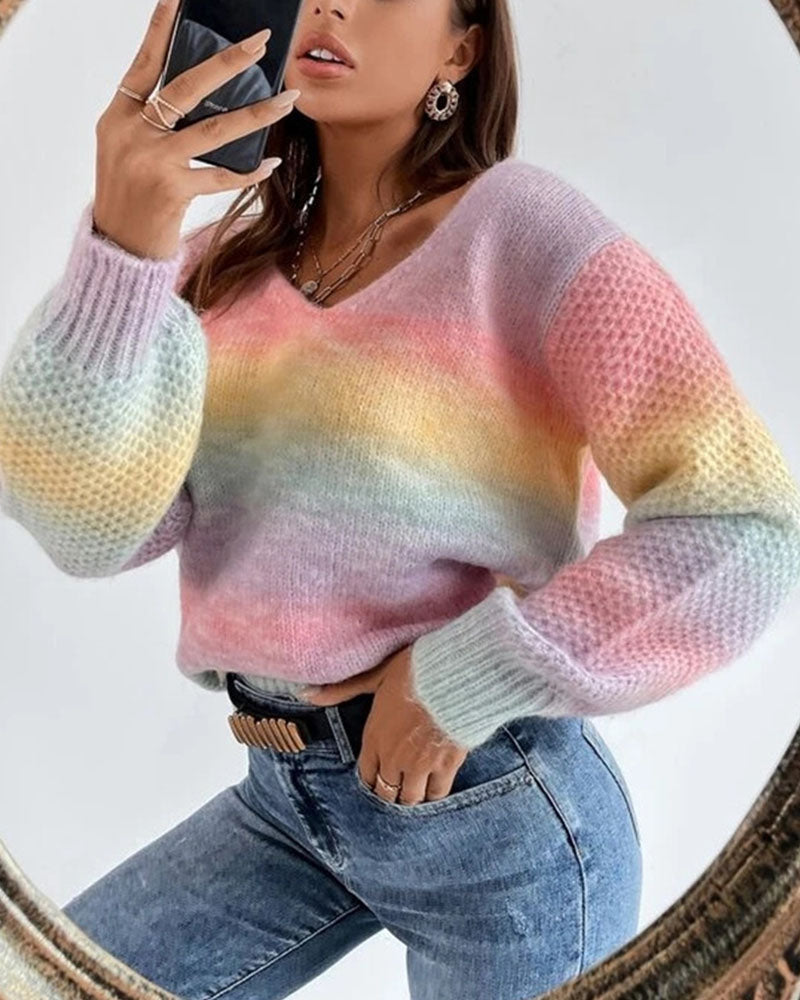 Irregular Gradient Rainbow V-Neck Knit Sweater