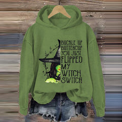 Women's Halloween Buckle Up Buttercup You Just Flipped My Witch Switch Print Casual Hoodie