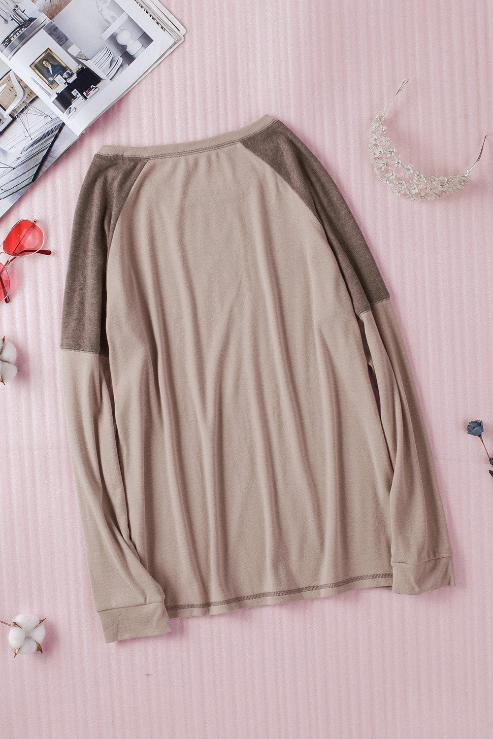 Women's Casual Khaki Color Block Raglan Long Sleeve Top