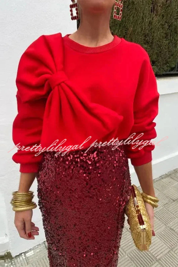 Solid Color Round Neck Long Sleeve Bow Loose Sweatshirts