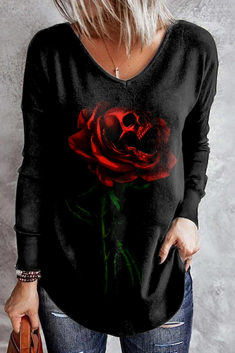 Rose Skull Print Long Sleeve T-Shirt