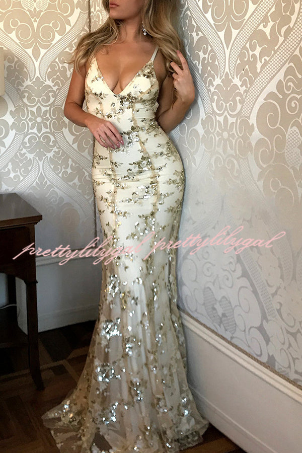 Jadore V Neck Open Back Sequin Lace Up Maxi Dress